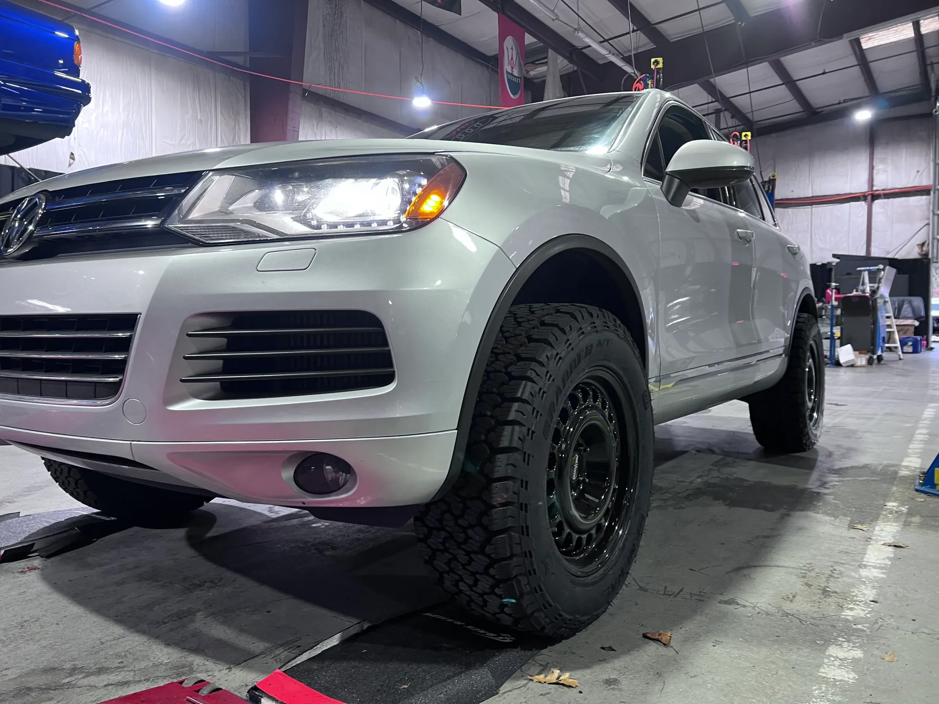 Silver Volkswagen Touareg in Euromotive Technical's service bay
